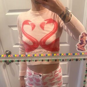 H+M cropped Flamingo Heart pull over crew neck sweater